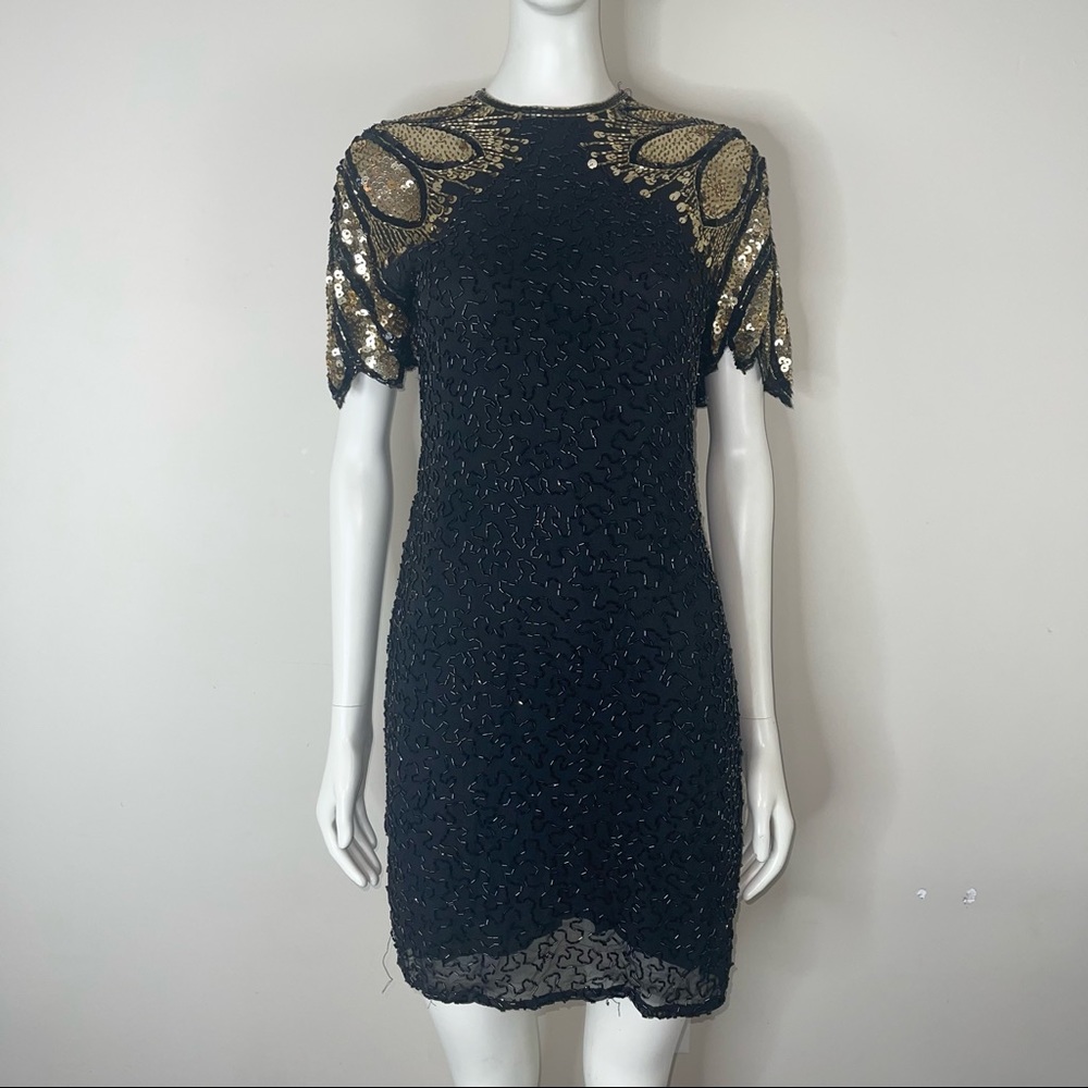 Black Tie by HE-RO 100% Silk Size 6 Shiny Black/Gold Ball Cocktail Dress